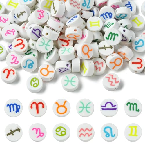 Ipotkitt 120 Stück 12 Stile Polymer-Ton, 12 Sternbild-Perlen, flach, rund, Sternzeichen-Perlen, weiß, Cartoon-Abstandshalter, Heishi, lose Perlen für Hawaii, Sommer, Strand, Armband, Halskette, Ipotkitt 120 Stück 12 Stile Polymer-Ton, 12 Sternbild-Perlen, flach, rund, Sternzeichen-Perlen, weiß, Cartoon-Abstandshalter, Heishi, lose Perlen für Hawaii, Sommer, Strand, Armband, Halskette, von Ipotkitt