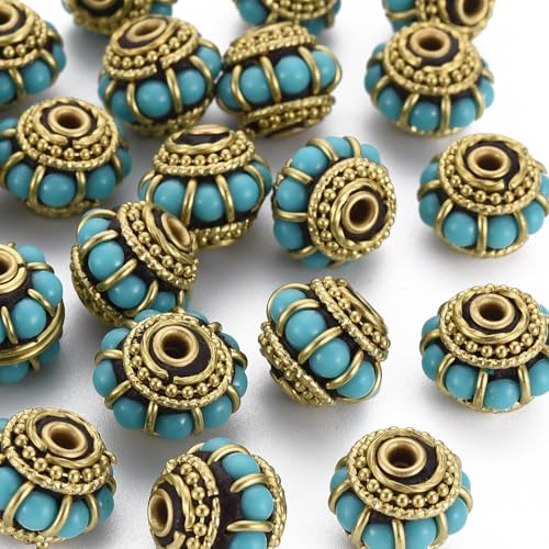 Ipotkitt 2 mittelgroße türkisfarbene Rondelle mit Kreis-Perlen mit Messing-Fundstücken, Trommelform, Perlen für DIY-Schmuck, Armband, Halskette, Ohrringe, Schlüsselanhänger, Basteln von Ipotkitt