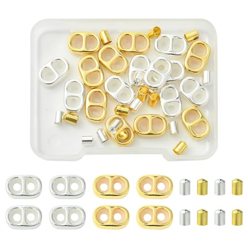 Ipotkitt 20 Stück Messingschnurenden mit Silikon-Gummi-Gleitperlen, Verbindungsverschlüsse, 2 Löcher, verstellbare Schieberverschlüsse, Fundstück-Sets für DIY-Schmuckherstellung, Armbänder, Halsketten von Ipotkitt