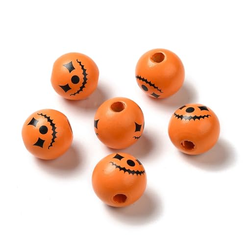 Ipotkitt 200 Stück bedruckte runde Kürbis-Holzperlen mit großem Loch für Halloween, Urlaub, für DIY-Schmuck, Handwerk, Armband, Schlüsselanhänger, Heim-Party-Dekoration von Ipotkitt
