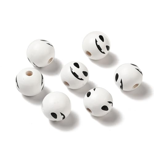 Ipotkitt 200 Stück weiße, bedruckte runde Geisterholzperlen für Halloween, Feiertage, großes Loch, Perlen für DIY, Schmuck, Handwerk, Armband, Schlüsselanhänger, Heimdekoration, Großpackung von Ipotkitt