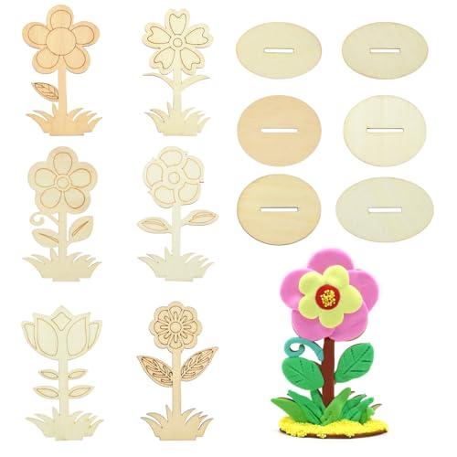 Ipotkitt 30 Stück 6 Stile ungefärbte Blumen Holzausschnitte Charms mit Schlitz Frühling Blumen Pflanze blanko Holzstücke für DIY bemalte Kunst Handwerk Home Wand Party hängende Dekoration von Ipotkitt