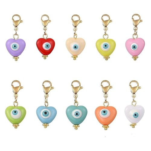 Ipotkitt 30 Stück gemischte Farben Herz & Böser Blick Harz Clip On Charms Edelstahl Karabinerverschlüsse Charms für DIY Handwerk Ornamente Schlüsselanhänger Geldbörse Dekor von Ipotkitt