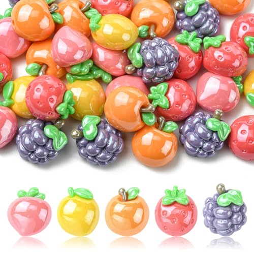 Ipotkitt 30 Stück zufällige undurchsichtige Harz-Fruchtperlen Imitation Lebensmittel Apfelform Orange Traube Zitrone Erdbeere Perlen für DIY Schmuck Armband Halskette Ohrringe Handwerk von Ipotkitt