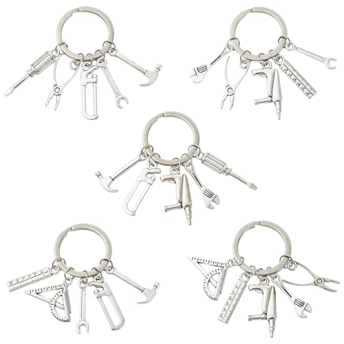 Ipotkitt 5 Stück gemischte Stile Werkzeug Thema Legierung hängende Charms mit Eisenringen Hammerschlüssel Form Charms Schlüsselringe für DIY Handwerk Schlüsselanhänger Tasche Geldbörse Auto Dekor von Ipotkitt