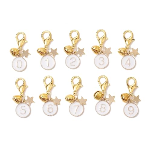 Ipotkitt 50 Stück 10 Stile Runde & Zahlen Emaille Schlüsselanhänger flach & Stern Clip auf Charms weiß Karabinerverschluss Charms für DIY Handwerk Lanyard Tasche hängende Dekoration von Ipotkitt