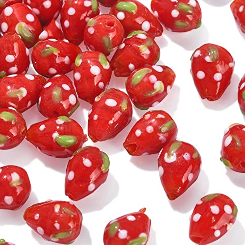 Ipotkitt 50 Stück 3D-Obstperlen aus Glas, handgefertigt, Lampwork-Erdbeer-Perlen, niedliche rote Erdbeer-Perlen für DIY-Handwerk, Armband, Schmuckherstellung, Zubehör von Ipotkitt
