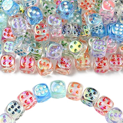 Ipotkitt 50 Stück gemischte Farben, schillernde, transparente Acryl-Emaille-Würfelperlen, Würfel, quadratisch, Spiel-Thema, lose Perlen für DIY-Schmuckherstellung, Armband, Halskette, Ohrringe von Ipotkitt