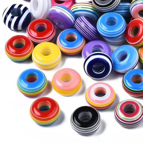Ipotkitt 50 Stück gemischte Stile Harz flache runde große Loch Perlen Regenbogen bunte Streifen Rondelle europäische Perlen für DIY Schmuckherstellung Handwerk Schlüsselanhänger Armbänder Halskette von Ipotkitt