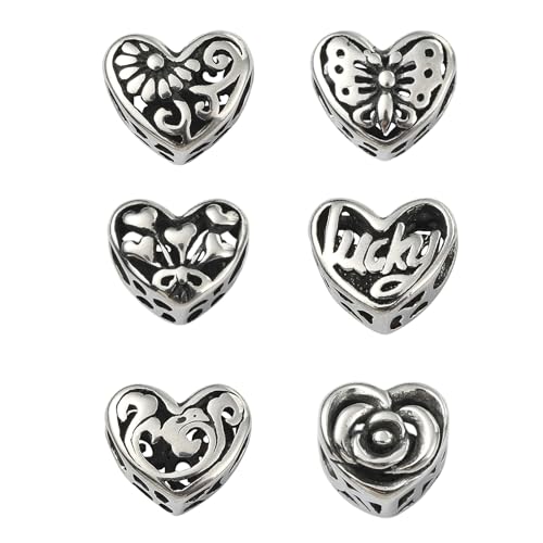 Ipotkitt 6 Stück 6 Stile Herz Themed Edelstahl Perlen Großes Loch Europäische Perlen Antik Silber Liebe Ornamente für DIY Handwerk Armband Stift Schmuckherstellung von Ipotkitt