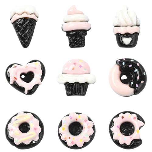 Ipotkitt 90 Stück 9 Stile Schwarz & Rosa Serie Sweet Food Thema Harz Cabochons Donut Cupcake Eiscreme Form Flache Rückseite Ornamente für DIY Handy Zubehör Schmuckherstellung von Ipotkitt
