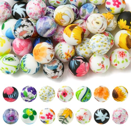 Ipotkitt Bunte Silikon-Perlen, rund, Blumendruck, Gummiperlen, niedliche Kaugummi-Kugelperlen für DIY-Halsketten, Schlüsselbänder, Schmuckherstellung, 50 Stück von Ipotkitt
