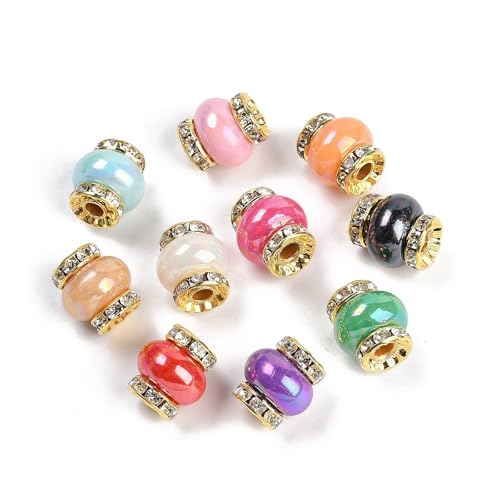 Ipotkitt Messing-Laternen, europäische Perlen mit Strass und Harz, Trommeltrommel, großes Loch, Perlen für DIY-Schmuckherstellung, Handwerk, Schlüsselanhänger, Armbänder, Halsketten, 100 Stück von Ipotkitt