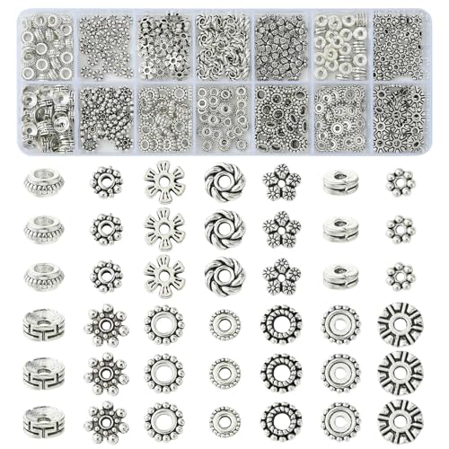 Ipotkitt Metallperlen mit Blumenmotiv, flach, rund, Abstandshalter für Bastelarbeiten, Armbänder, Ohrringe, Schmuckherstellung, 420 Stück, 14 Stile, Antik-Silber von Ipotkitt