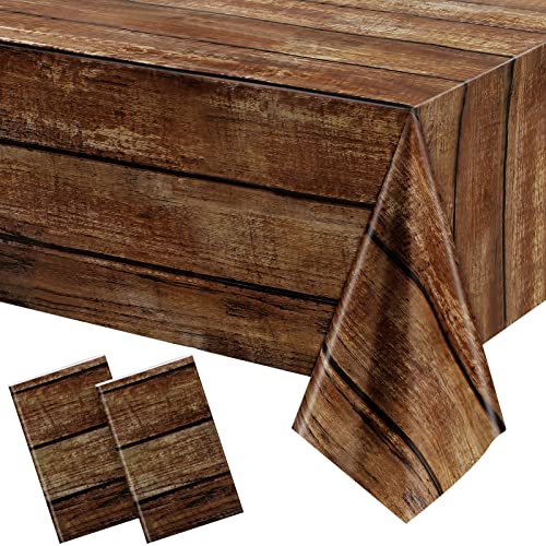 Irenare Braune Holzmaserung, rustikale Kunststoff-Tischdecken für rechteckige Tische, Vintage-Tischdecke, Dekorationen für westliche Scheune, Geburtstag, Hochzeit (2 Stück, 137 x 274 cm) von Irenare