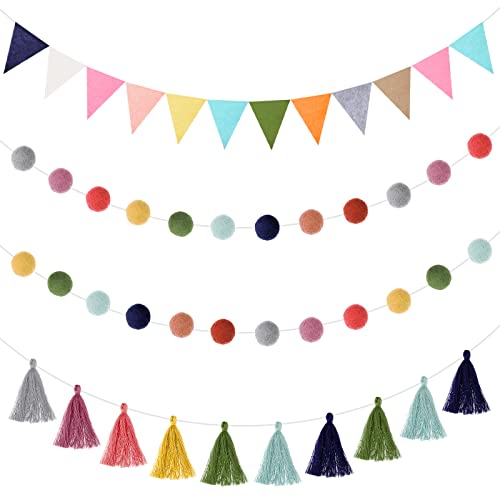 Pompon-Girlande, Filz-Girlande, buntes Quasten-Banner, 100 cm, Filz-Wimpel, Banner für Klassenzimmer, Schule, Kamin, Geburtstagsparty (helle Farbe) von Irenare