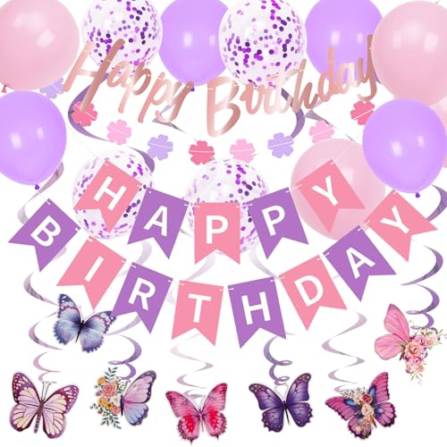 Happy Birthday Banner, Lila und Rosa Happy Birthday Deko, Lila Rosa Geburtstag Luftballons für Mädchen, Geburtstag Wimpelkette Banner mit Papier Girlande, Schmetterling Banner für Geburtstag Party Happy Birthday Banner, Lila und Rosa Happy Birthday Deko, Lila Rosa Geburtstag Luftballons für Mädchen, Geburtstag Wimpelkette Banner mit Papier Girlande, Schmetterling Banner für Geburtstag Party von Iridsmole