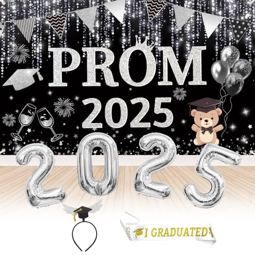 Iridsmole Abschlussball Dekorationen 2025 Silber Abschlussball Banner Dekoration 2025 Silber Folienballons mit Abschlussschärpe Stirnband Abschlussbanner für High School College Klasse von Iridsmole Abschlussball Dekorationen 2025 Silber Abschlussball Banner Dekoration 2025 Silber Folienballons mit Abschlussschärpe Stirnband Abschlussbanner für High School College Klasse von von Iridsmole