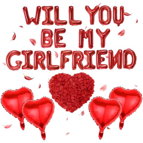 Luftballons mit Aufschrift "Will You Be My Girlfriend", rote Herzballons mit künstlichen Rosenblättern, 4 Stück, Liebesherz-Ballon, romantische Dekorationen für Verlobung, Party, Valentinstag von Iridsmole