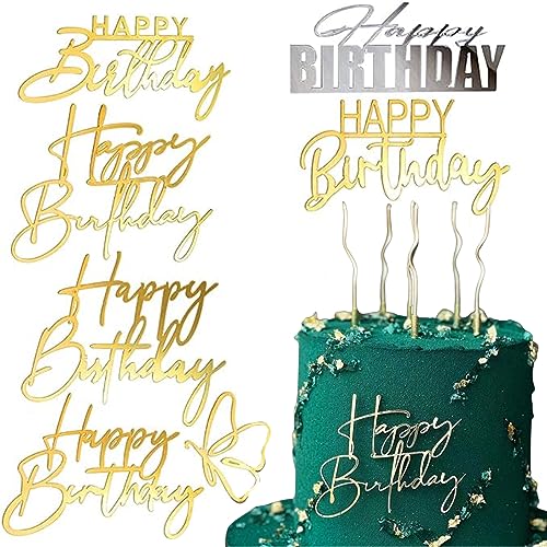 Irikdescia® 6 Packungen Happy Birthday-Kuchenaufsätze, Verschiedene Formen, um Geburtstagskuchen glänzen zu Lassen, Schmetterling Acryl Geburtstagsparty-Zubehör (Gold, Silber) von Irikdescia