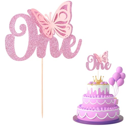 Irikdescia® Butterfly One tortendeko, Cupcake-Topper, Tortenaufsatz, glitzernder Schmetterling, für Partyzubehör zum 1. Geburtstag von Kindern, für Babyparty, Geburtstag (Rosa) von Irikdescia