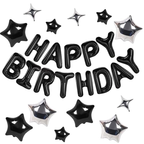 Irikdescia 25 Stück Geburtstagsballons, 3D-Stern und Happy Birthday-Banner, Mylar-Folienbuchstaben, Sternballons, Geburtstagsparty-Dekorationen, für Kinder, Erwachsene (Schwarz) von Irikdescia