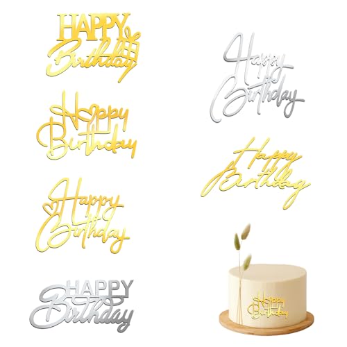 Irikdescia 6 Stück Happy Birthday-Kuchenaufsätze, Bringen Geburtstagskuchen zum Strahlen, Geschenkbox, Herzmuster, Acryl, Geburtstagsparty-Zubehör (Gold, Silber) von Irikdescia