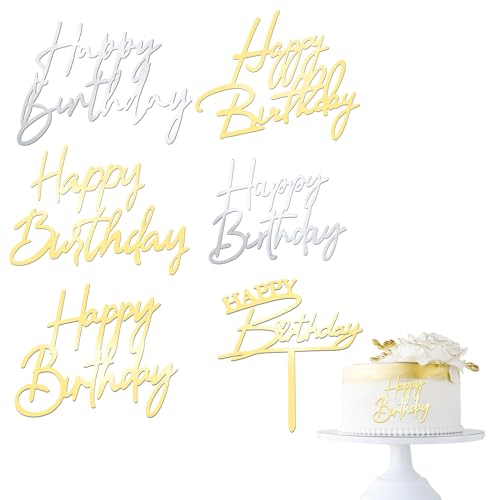 Irikdescia 6 Stück Happy Birthday-Kuchenaufsätze, Verschiedene Formen, um Geburtstagskuchen glänzen zu Lassen, Acryl Geburtstagsparty-Zubehör (Gold, Silber) von Irikdescia