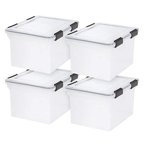 IRIS USA 32 Quart WEATHERPRO tragbare Aktenbox in Briefgröße, Kunststoff-Aufbewahrungsbehälter mit strapazierfähigem Deckel und Dichtung und sicheren Verriegelungsschnallen, wetterfest, transparent mit schwarzen Schnallen, 4 Stück von Iris Ohyama