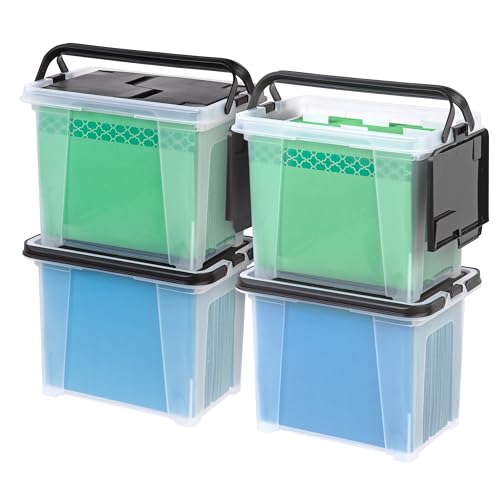 IRIS USA Aktenbox mit Flügeldeckel für Briefe/Rechtsakten, wasserabweisende Dokumentenbox, BPA-freier Kunststoff, Aufbewahrungsbehälter mit Griffen, stapelbar, nestbar, transparent, 18 l, 4 Stück von Iris Ohyama