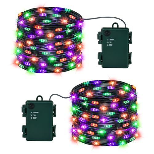Isisyu 2 Stück Halloween Lichterkette Orange Lila Grün, 5M 50 LED Micro Lichterkette Batteriebetrieben mit Timer, IP65 Wasserdicht Halloween Deko Outdoor für Kamin, Veranda, Baum, Zimmer, Garten von Isisyu