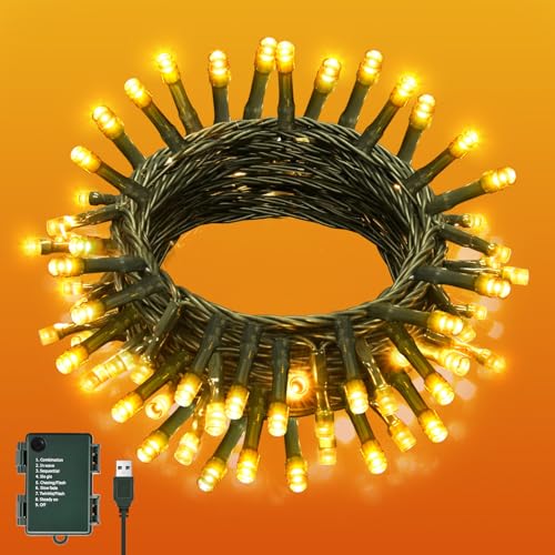 Isisyu Lichterkette Innen 6M 60 LED Lichterkette Außen Batterie + USB mit Timer, 8 Modi, IP65 Wasserdicht Lichterketten Batteriebetrieben Warmweiß für Weihnachten, Garten, Partys, Weihnachtsbaum von Isisyu
