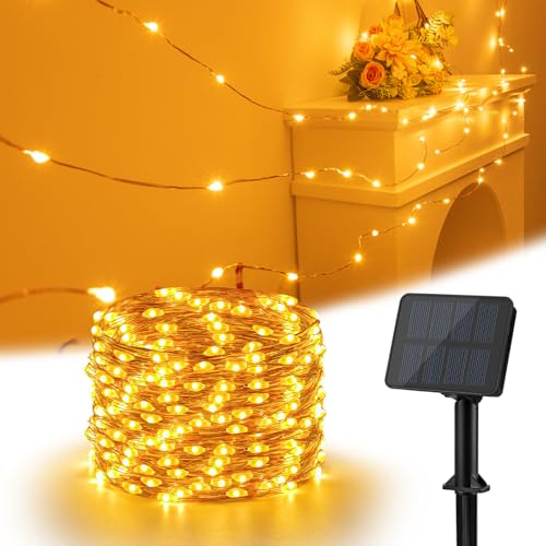 Isisyu Solar Lichterkette Aussen, 12M 120 LED Solarlichterkette Außen Wetterfest 8 Modi Kupferdraht Warmweiß Lichterkette Außen Solar Outdoor für Garten, Bäume, Terrasse, Balkon, Hochzeit, Partys von Isisyu