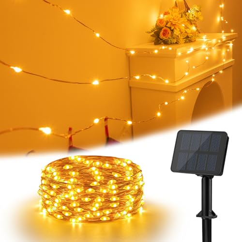 Isisyu Solar Lichterkette Aussen, 6M 60 LED Solarlichterkette Außen Wetterfest 8 Modi Kupferdraht Warmweiß Lichterkette Außen Solar Outdoor für Garten, Bäume, Terrasse, Balkon, Hochzeit, Partys von Isisyu