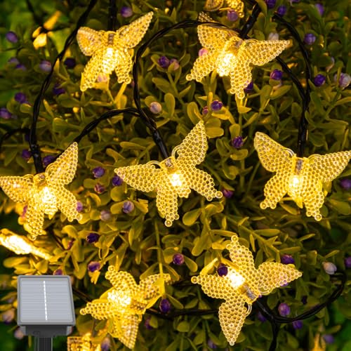 Isisyu Solar Lichterkette Aussen Schmetterling, 5M 20 LED Lichterkette Außen Solar Wetterfest mit Timer, 8 Modi, IP65 Wasserdicht Solarlichterkette Outdoor für Garten, Balkon, Terrasse, Partys von Isisyu