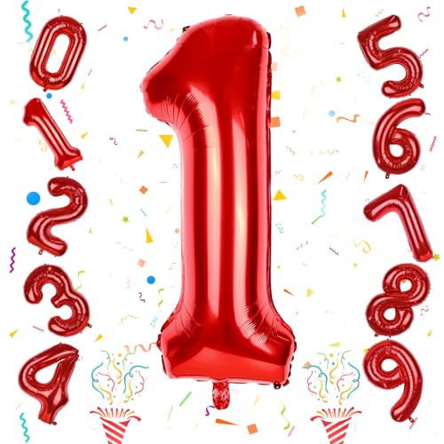 40 Zoll Rot Luftballon 1 Jahre, Große Folienballon 0-9 Set, Zahl Luftballon für Mädchen Jungen 1. Geburtstag Party Deko Babyparty Jahrestag Abschlussfeier Neujahr Party Dekoration, Fliegt mit Helium von Isndare