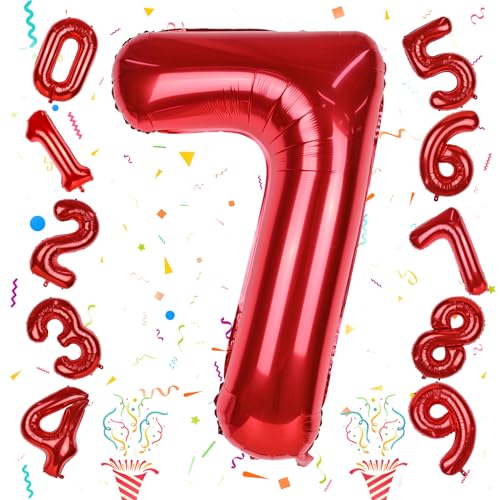 7. Geburtstag Luftballons für Jungen, 40 Zoll 0–9 Zahlen Ballon Geburtstagdeko, Große Rot 7 Zahl Luftballon für Mädchen Kinder Geburtstag Party Deko Frauen Jubiläum Party Dekoration, Fliegt mit Helium von Isndare