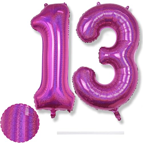 Luftballon 13. Geburtstag Deko, Große Laser Rosa Zahl 13 Folienballon Geburtstagsdeko, 40 Zoll Helium Hot Pink Zahlen 13 Ballon für Mädchen Damen 13 Jahre Geburtstag Frau Jubiläum Party Dekoration von Isndare