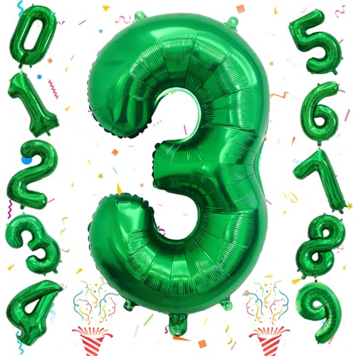 Luftballon 3. Geburtstag für Mädchen, Große Grün Folienballon 0–9 Set, 40 Zoll Helium Dunkelgrün Zahlen 3 Ballon für Kinder Jungen Geburtstag Party Deko Mann Frau Jungle Dino Party Dekoration von Isndare