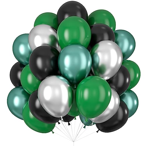 Luftballons Schwarz Grün Silber Ballons 60PCS 12INCH Dunkelgrün Metallic Chrom Dunkel Grün Ballon Tiefgrün Helium Latex Luftballon für Geburtstagsdeko Hochzeitsdeko Babyparty Dschungel Graduierung von Isndare