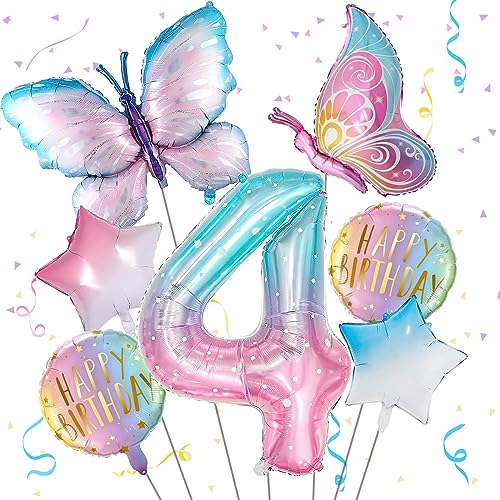 Schmetterling Folienballon 4 Jahre Geburtstag Deko, Bunt Schmetterlinge Geburtstagsdeko 4 Jahre Mädchen, Zahl 4 Luftballon Rosa, 4. Kinder Mädchen Geburtstag Schmetterling Themen Party von Isndare