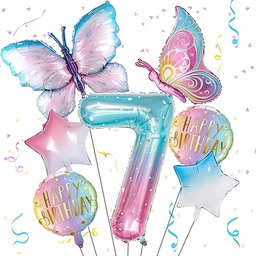 Schmetterling Folienballon 7 Jahre Geburtstag Deko, Bunt Schmetterlinge Geburtstagsdeko 7 Jahre Mädchen, Zahl 7 Luftballon Rosa, 7. Kinder Mädchen Geburtstag Schmetterling Themen Party von Isndare