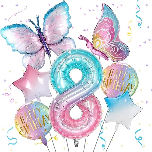 Schmetterling Folienballon 8 Jahre Geburtstag Deko, Bunt Schmetterlinge Geburtstagsdeko 8 Jahre Mädchen, Zahl 8 Luftballon Rosa, 8. Kinder Mädchen Geburtstag Schmetterling Themen Party von Isndare