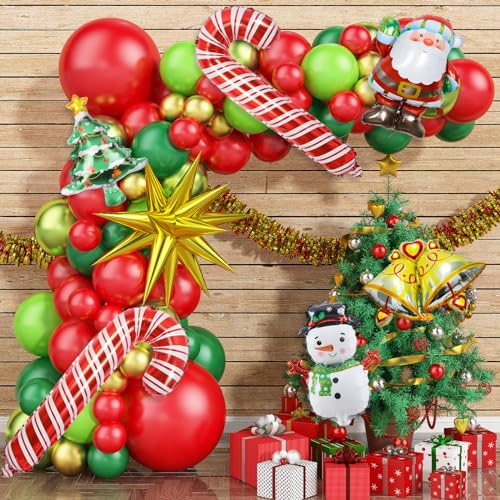 Weihnachten Luftballons Girlande Rot Grün Gold Starburst Ballon Christmas Luftballon Girlande mit Große Krücke Mini Glocke Schneemann Weihnachtsmann Baum Folienballons für Neujahrsfeier Dekoration von Isndare