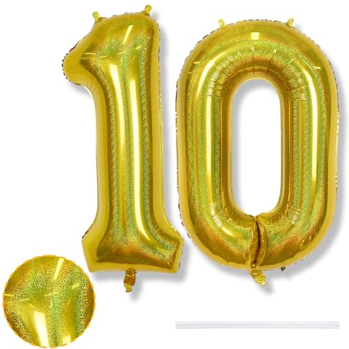 Zahl Luftballon 10 Laser Gold für Junge, Große Goldene Helium Zahl 10 Ballon Geburtstagsdeko, 40 Zoll Folienballon Zahlen 10 Luftballons für Kinder Geburtstag Party Deko Jubiläum Party Dekoration von Isndare