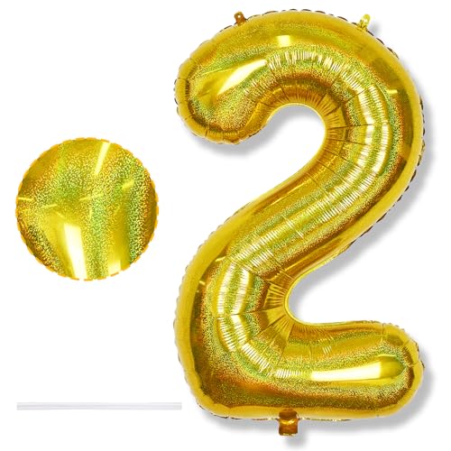Luftballon Zahlen 2 Laser Gold Geburtstagdeko, Riesen 2 Zahl Goldene Ballon für Herren Jubiläum Party Deko, 40 Zoll Zahl 2 Folienballon für Junge Mädchen 2. Geburtstag Dekoration, Fliegt mit Helium von Isndare