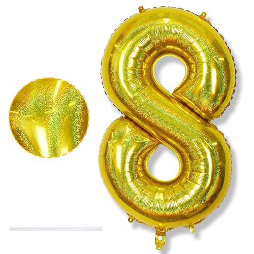 Riesen 8 Luftballon Laser Gold für Junge, 40 Zoll Helium 8 Goldene Zahlen Luftballons Geburtstagdeko, Zahl 8 Folienballon für Mädchen Kinder 8. Geburtstag Party Deko Herren Jubiläum Party Dekoration von Isndare