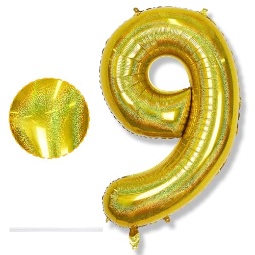 Zahlen Luftballon 9. Geburtstag für Mädchen, Laser Gold Große Helium Zahl 9 Ballons Geburtstagdeko, 40 Zoll Goldene 9 Folienballon für Kinder 9 Jarhe Geburtstag Party Deko Jubiläum Party Dekoration von Isndare