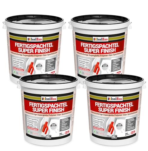 Isolbau Fertigspachtel Super Finish Q4 - Gebrauchsfertige, superglatte Polymer-Gips Fertig-Spachtelmasse für innen - 4 x 20 kg Eimer, Weiß von Isolbau