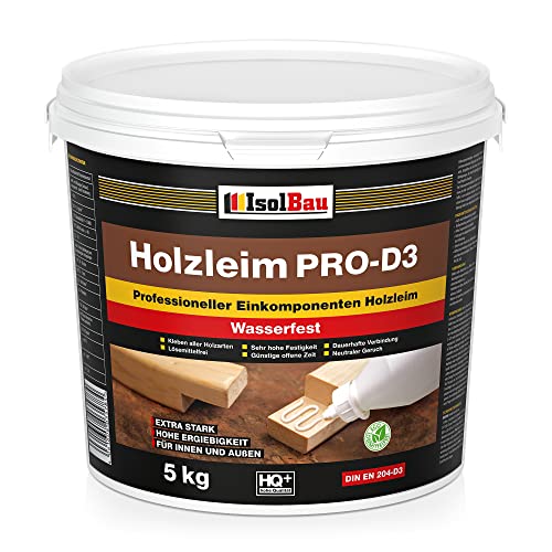 Isolbau Holzleim PRO-D3 - Extra starker Holzkleber für alle Holzarten, für Innen & Außen, Lösemittelfrei, Wasserfest - 5 kg Eimer von Isolbau